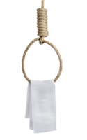 White hand towel hanging is on rope noose with hangman's knot hanging. transparent background png