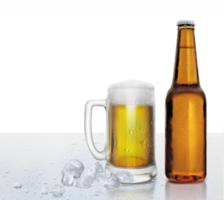 Glass and bottle of beer with water droplets and ice cubes. transparent background png