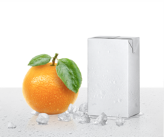 Fresh orange fruits and Packages box having drops water. transparent background png