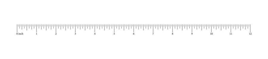 Ruler 12 inches, foot. Math, geometric tool for distance. Height, length measurement scale with markup and numbers. Measuring horizontal chart. Vector template.