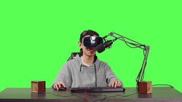 POV of content creator uses vr headset to broadcast live adventure gameplay, sitting at his workstation to play web videogames. Person blogger recording stream, virtual reality headset. video