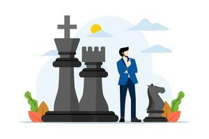 Concept of strategic thinking to win business competition, marketing strategy or planning to make decisions, challenge or problem solving, businessman thinking contemplation with chess pieces. vector