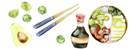 vattenfärg asiatisk mat illustrationer uppsättning. koreanska traditionell peta med ägg, soja sås flaska, ätpinnar, avokado, spenat löv och grön Bryssel kål för meny, restaurang, Kafé , kök design png