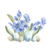acuarela primavera Pascua de Resurrección composición. mano dibujado pastel azul flores con Clásico huevos alrededor para día festivo, invitación, logo, etiqueta diseño png