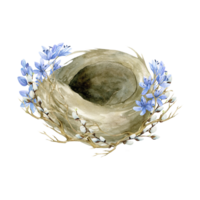 Aquarell Hand gezeichnet glücklich Ostern Illustration von Vogel Nest mit Frühling Blau Blumen und Weide Geäst zum Einladung, Etikett, Logo, Urlaub Design png