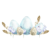 acuarela primavera Pascua de Resurrección composición con pálido azul huevos, beige plumas y primero púrpura flores azafranes mano dibujado boho, Clásico estilo arreglo para invitación, tarjeta, logo, etiqueta diseño png