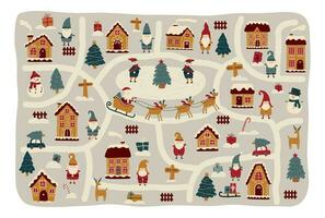 Christmas card with gnomes, Santa Claus and gingerbread houses. Interesting children's cute interactive map for games. All elements are vector and you can easily change the map or change the color.