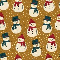 Christmas snowmen pattern. Seamless winter background with repeating cute snow men and snowflakes print. Xmas texture design for wrapping and holiday decoration. vector