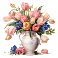 ai generiert Vase mit Tulpen und Rosen, png