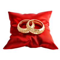 AI generated Wedding golden rings with diamonds on red ceremonial png