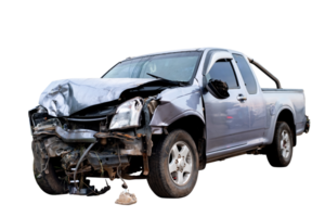 Front and Side view of bronze pickup car get hard damaged by accident on the road. chapped cars after collision. isolated on transparent background. PNG File