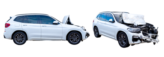 Set of Full body side view and front view of white car get full damaged by accident on the road. damaged cars after collision. Isolated on transparent background, PNG File