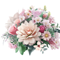 AI generated Beautiful bouquet of flowers isolated flowers illustration.gift box on white background Birthday, Wedding, Mother's Day, Valentine's day, Women's Day flowers and leaves for invitation png