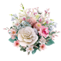 AI generated Beautiful bouquet of flowers isolated flowers illustration.gift box on white background Birthday, Wedding, Mother's Day, Valentine's day, Women's Day flowers and leaves for invitation png