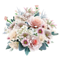 AI generated Beautiful bouquet of flowers isolated flowers illustration.gift box on white background Birthday, Wedding, Mother's Day, Valentine's day, Women's Day flowers and leaves for invitation png