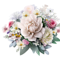 AI generated Beautiful bouquet of flowers isolated flowers illustration.gift box on white background Birthday, Wedding, Mother's Day, Valentine's day, Women's Day flowers and leaves for invitation png