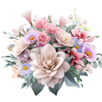 AI generated Beautiful bouquet of flowers isolated flowers illustration.gift box on white background Birthday, Wedding, Mother's Day, Valentine's day, Women's Day flowers and leaves for invitation png