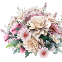 AI generated Beautiful bouquet of flowers isolated flowers illustration.gift box on white background Birthday, Wedding, Mother's Day, Valentine's day, Women's Day flowers and leaves for invitation png