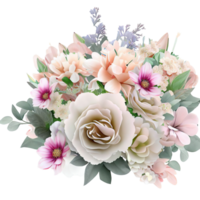 AI generated Beautiful bouquet of flowers isolated flowers illustration.gift box on white background Birthday, Wedding, Mother's Day, Valentine's day, Women's Day flowers and leaves for invitation png