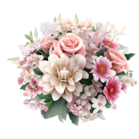 AI generated Beautiful bouquet of flowers isolated flowers illustration.gift box on white background Birthday, Wedding, Mother's Day, Valentine's day, Women's Day flowers and leaves for invitation png