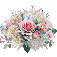 AI generated Beautiful bouquet of flowers isolated flowers illustration.gift box on white background Birthday, Wedding, Mother's Day, Valentine's day, Women's Day flowers and leaves for invitation png