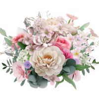 AI generated Beautiful bouquet of flowers isolated flowers illustration.gift box on white background Birthday, Wedding, Mother's Day, Valentine's day, Women's Day flowers and leaves for invitation png