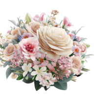 AI generated Beautiful bouquet of flowers isolated flowers illustration.gift box on white background Birthday, Wedding, Mother's Day, Valentine's day, Women's Day flowers and leaves for invitation png