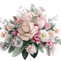 AI generated Beautiful bouquet of flowers isolated flowers illustration.gift box on white background Birthday, Wedding, Mother's Day, Valentine's day, Women's Day flowers and leaves for invitation png