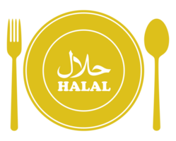 halal ikon symbol på de tallrik, gaffel och sked för islamic mat och dryck, kan använda sig av för logotyp gram, hemsida, baner, kulinariska affisch, klistermärke, mat och dryck meny design, restaurang reklam. png