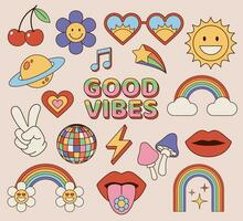 Set of vintage, retro, hippie style icons, elements and objects. Vector illustrations.