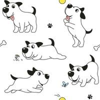 Cartoon dog seamless pattern, background. Funny happy dog, comic character in various poses, vector drawing