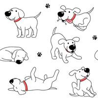 Cartoon dog seamless pattern, background. Funny happy dog, comic character in various poses, vector drawing