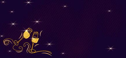 Vector New year banner dark purple, stars, glasses of champagne. Festive eve border in line art. Black and gold background for Web, pattern, cover, text frame, banner, postcard, post, copy space.