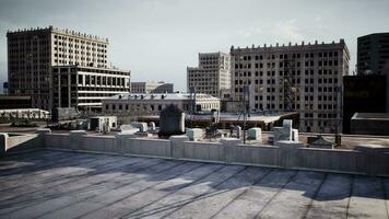 high vantage point, showing the rooftops of towering buildings at twilight video