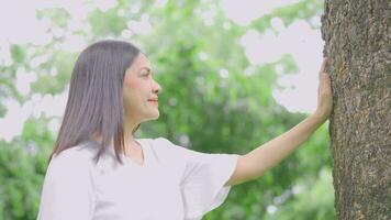 un mujer camina mediante un agradable jardín de arboles video