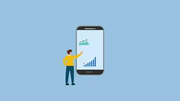 animated mobile app finance, young man investment in mobile app with growth bar chart graph. video footage animation