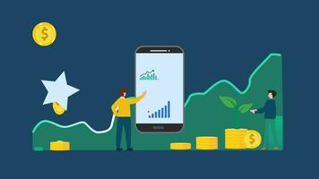 geanimeerd mobiel app financiën, jong Mens investering in mobiel app met groei bar tabel grafiek. video beeldmateriaal animatie