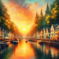 AI generated Canal at Sunset with Oil Painting Style photo