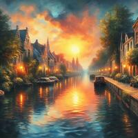 AI generated Canal at Sunset with Oil Painting Style photo