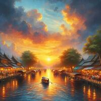 Sunset at Canal with Oil Painting Style, Traditional, Retro, Digital Artwork photo