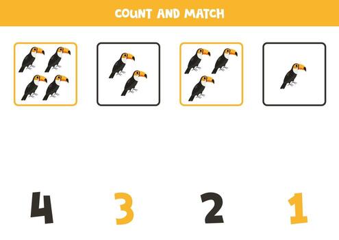 Counting game for kids. Count all toucans and match with numbers. Worksheet for children. vector