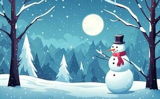 AI generated Christmas card with Snowman, winter forest background. New Year design postcard. Illustration. This photo was generated using Playground AI