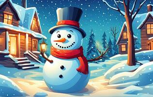 AI generated Christmas card with Snowman, winter forest background. New Year design postcard. Illustration. This photo was generated using Playground AI