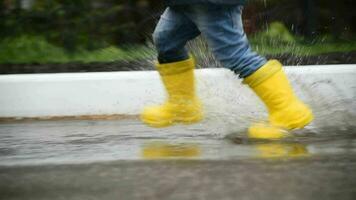 un' bambino nel giallo stivali corre attraverso il pozzanghere dopo il pioggia video