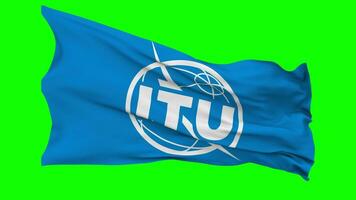 international télécommunication syndicat, itu drapeau agitant sans couture boucle dans vent, chrominance clé vert filtrer, luma mat sélection video