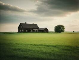 AI generated Wooden Farm House in Green Field, Landscape, Illustration, Retro photo