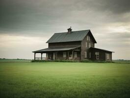 AI generated Wooden Farm House in Green Field, Landscape, Illustration, Retro photo