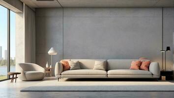AI generated Minimalist Living Room with Wood Panel Accent, Modern Architectural Design. 3D Illustration photo