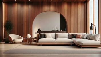 AI generated Minimalist Living Room with Wood Panel Accent, Modern Architectural Design. 3D Illustration photo