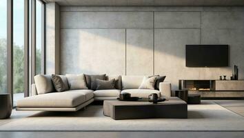 AI generated Minimalist Living Room with Wood Panel Accent, Modern Architectural Design. 3D Illustration photo